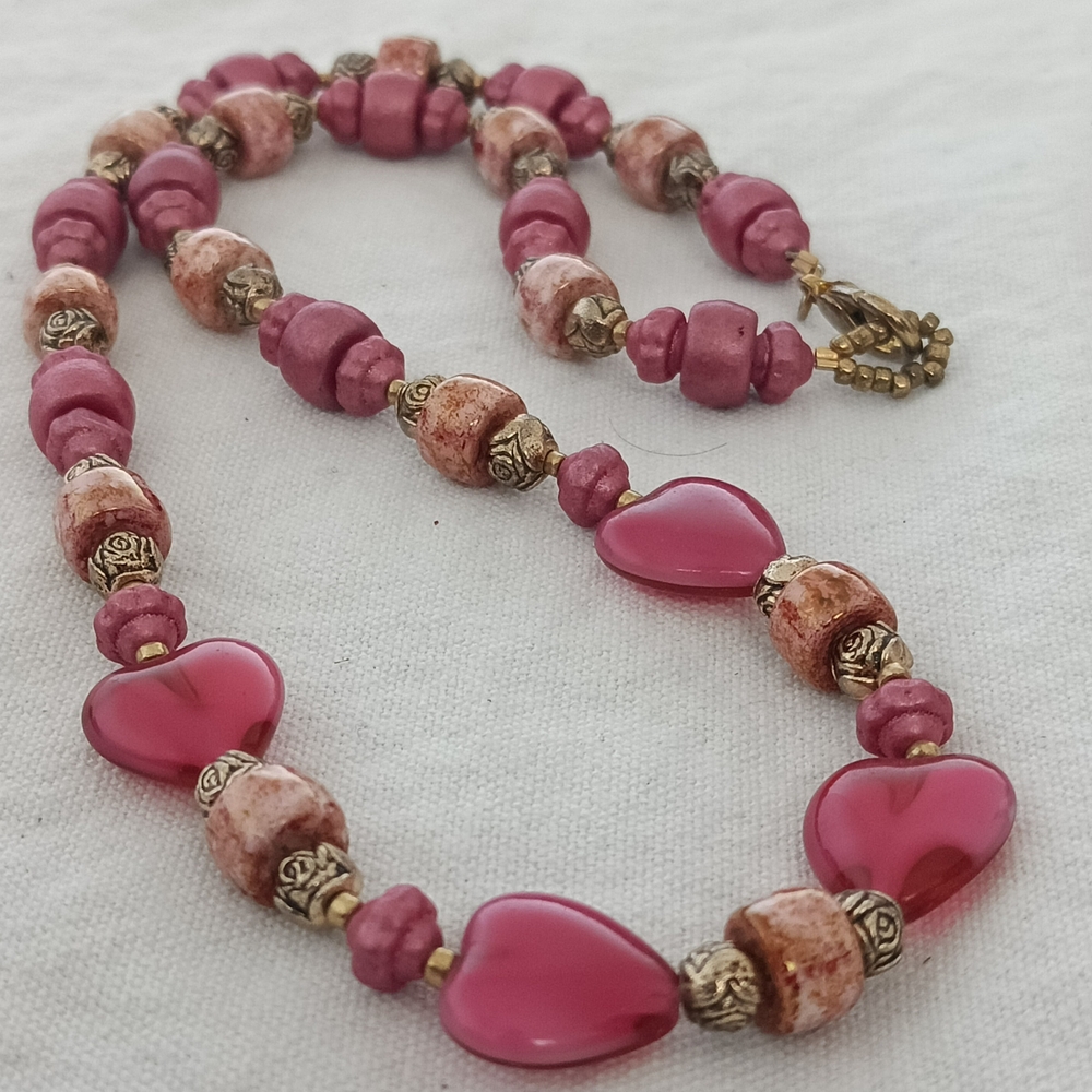 Pink Heart Beaded Necklace - Elegant Women's Jewelry
